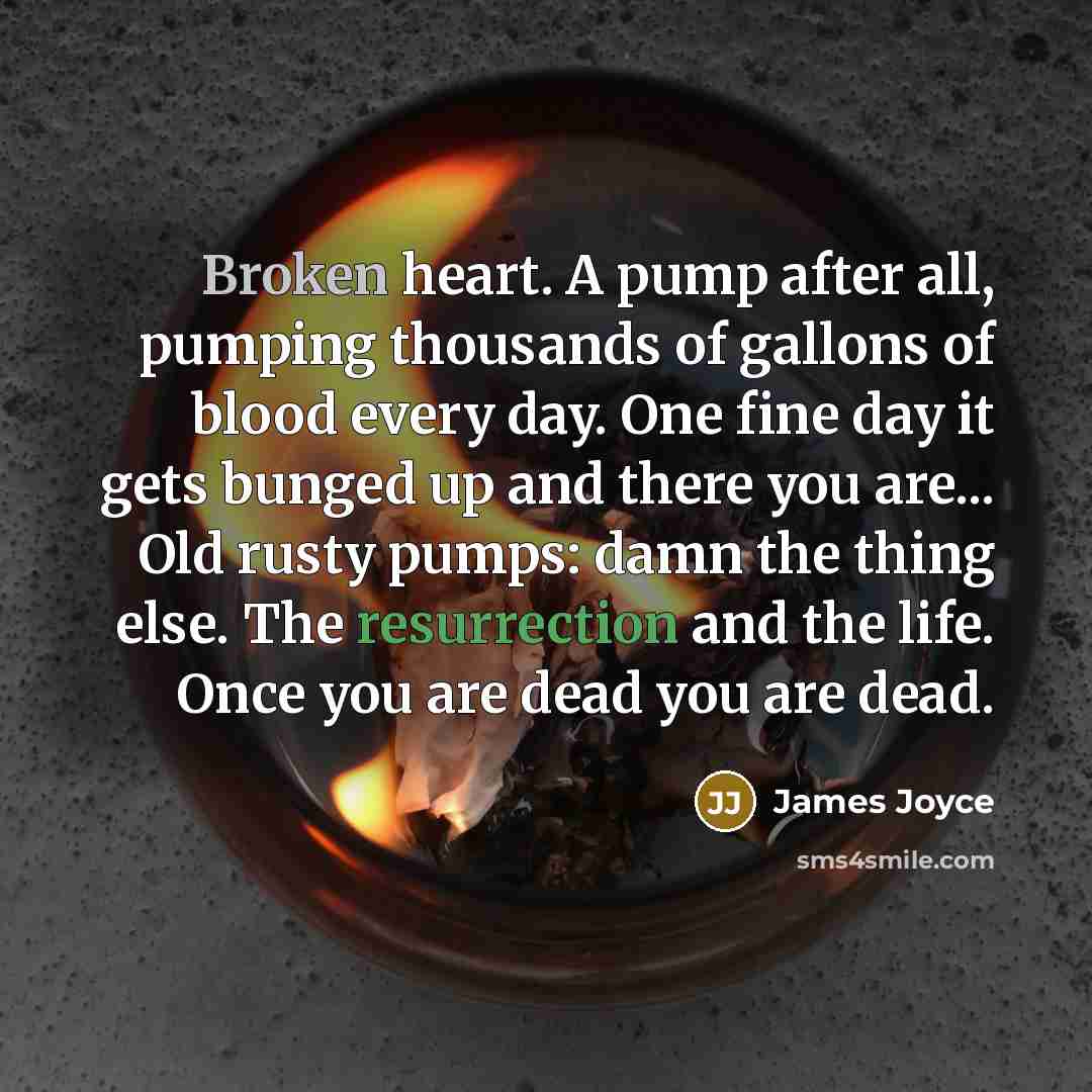 “Broken heart. A pump after all, pumping thousands of gallons of blood every day. One fine day it gets bunged up and there you are... Old rusty pumps: damn the thing else. The resurrection and the life. Once you are dead you are dead.” quote by James Joyce
