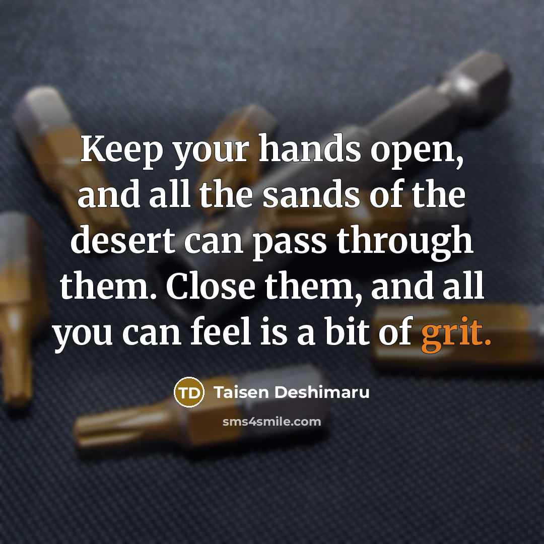 “Keep your hands open, and all the sands of the desert can pass through them. Close them, and all you can feel is a bit of grit.” quote by Taisen Deshimaru