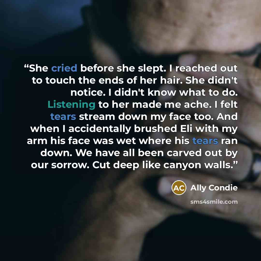 “She cried before she slept. I reached out to touch the ends of her hair. She didn't notice. I didn't know what to do. Listening to her made me ache. I felt tears stream down my face too. And when I accidentally brushed Eli with my arm his face was wet where his tears ran down. We have all been…” quote by Ally Condie