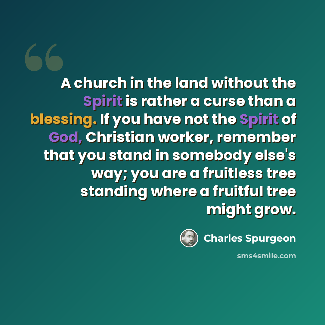 “A church in the land without the Spirit is rather a curse than a blessing. If you have not the Spirit of God, Christian worker, remember that you stand in somebody else's way; you are a fruitless tree standing where a fruitful tree might grow.” quote by Charles Spurgeon
