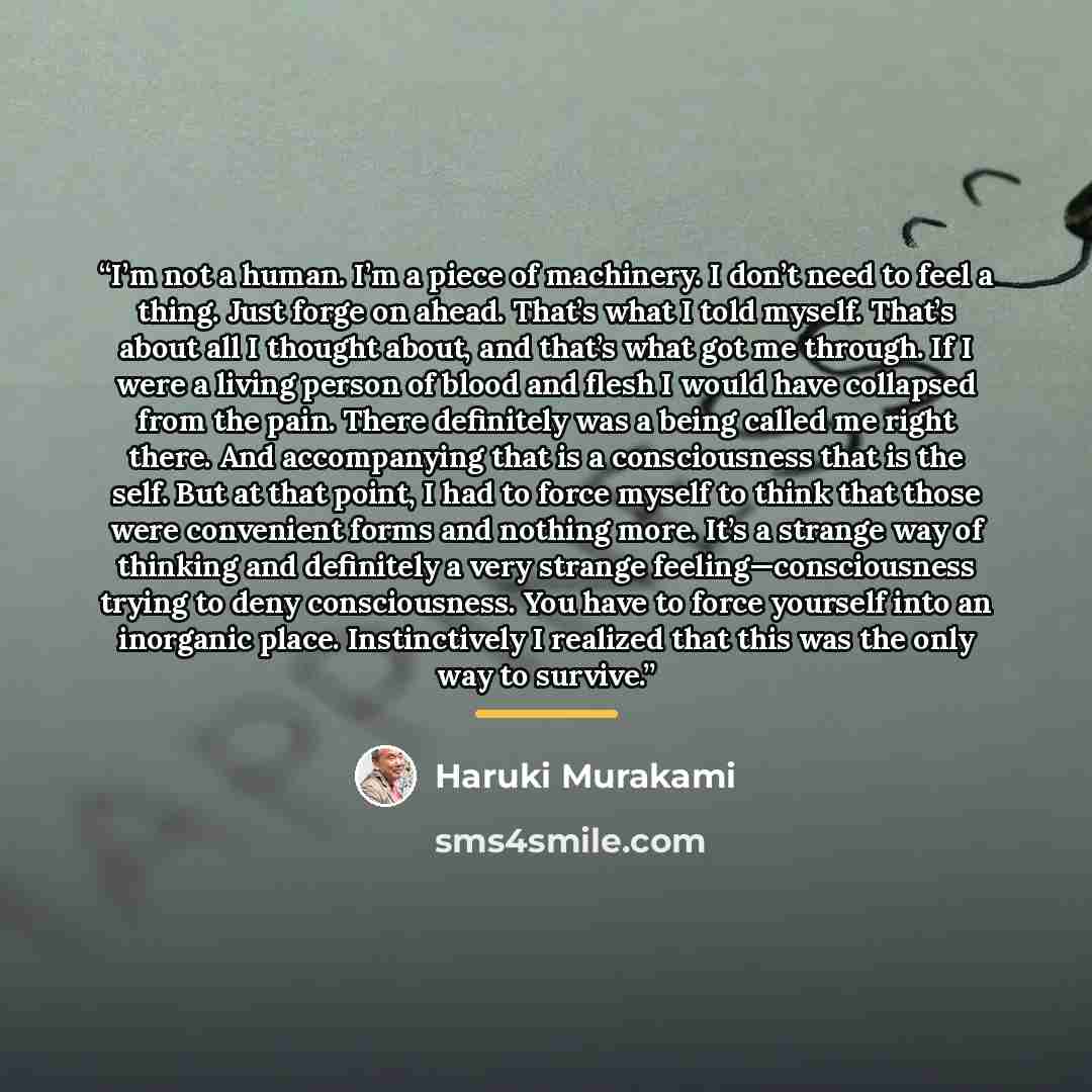 “I’m not a human. I’m a piece of machinery. I don’t need to feel a thing. Just forge on ahead. That’s what I told myself. That’s about all I thought about, and that’s what got me through. If I were a living person of blood and flesh I would have collapsed from the pain. There definitely was a being…” quote by Haruki Murakami