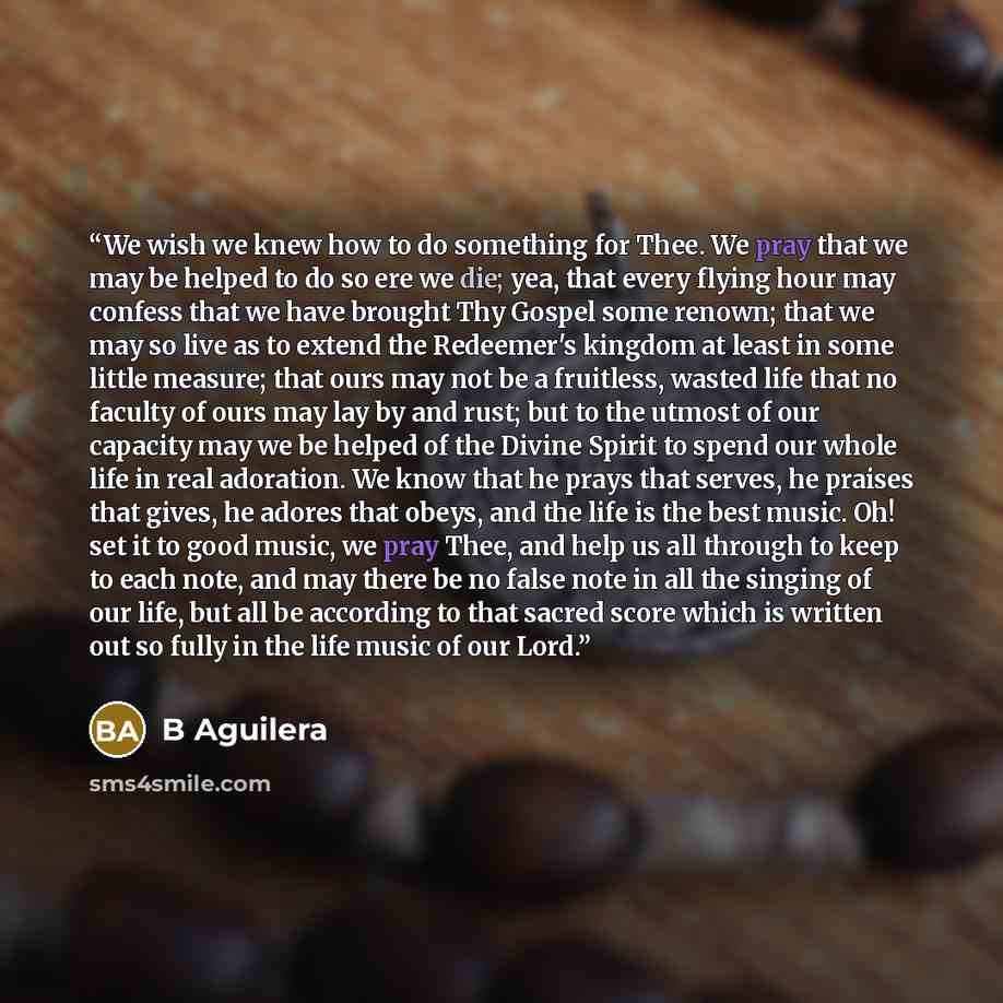 “We wish we knew how to do something for Thee. We pray that we may be helped to do so ere we die; yea, that every flying hour may confess that we have brought Thy Gospel some renown; that we may so live as to extend the Redeemer's kingdom at least in some little measure; that ours may not be a…” quote by B Aguilera