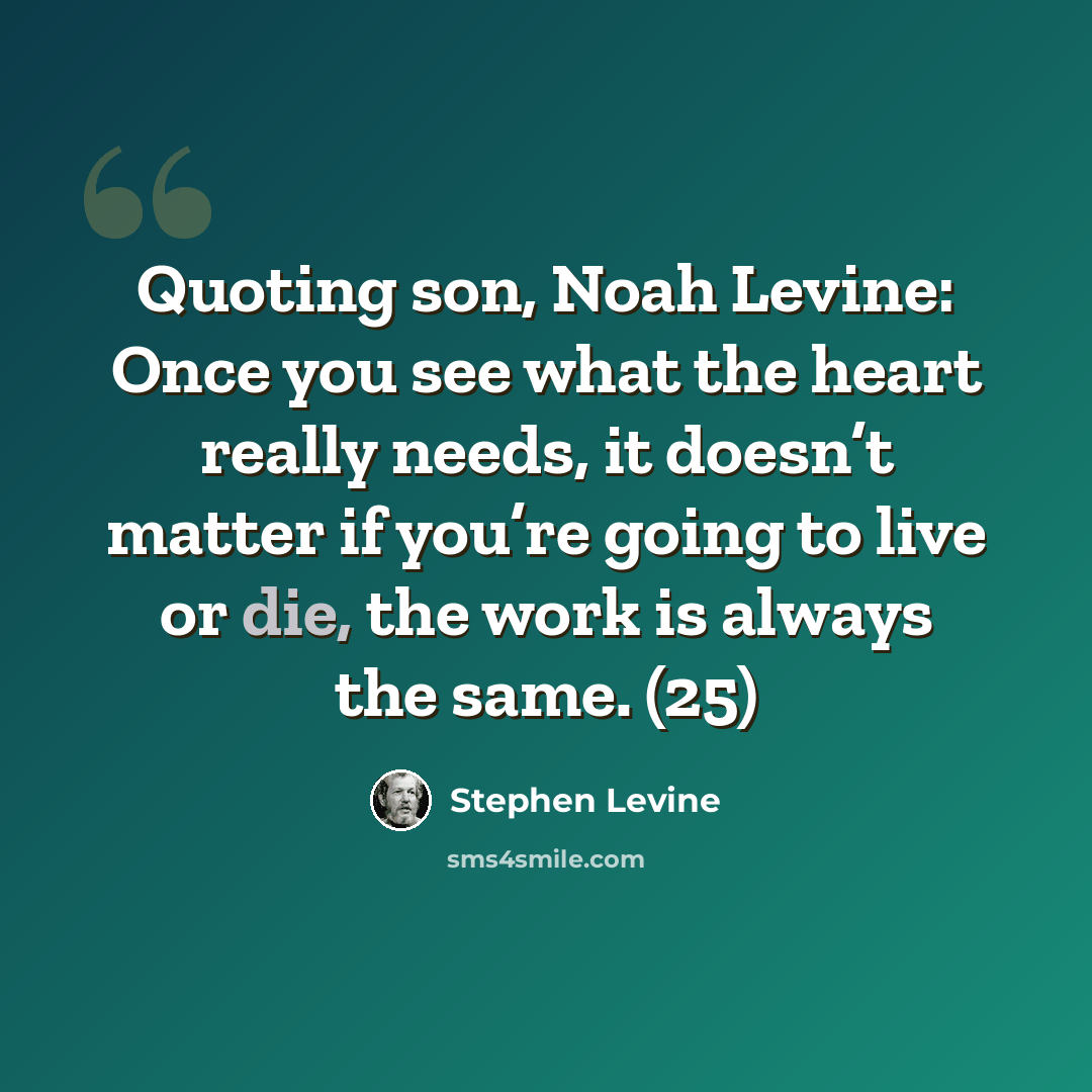 “Quoting son, Noah Levine: Once you see what the heart really needs, it doesn’t matter if you’re going to live or die, the work is always the same. (25)” quote by Stephen Levine