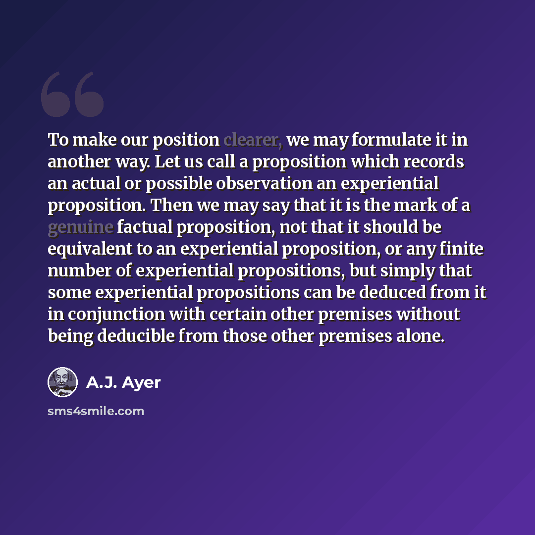 “To make our position clearer, we may formulate it in another way. Let us call a proposition which records an actual or possible observation an experiential proposition. Then we may say that it is the mark of a genuine factual proposition, not that it should be equivalent to an experiential…” quote by A.J. Ayer