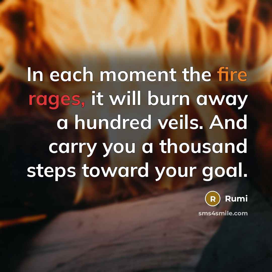 “In each moment the fire rages, it will burn away a hundred veils. And carry you a thousand steps toward your goal.” quote by Rumi