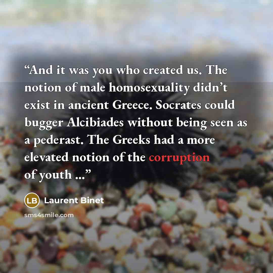 “And it was you who created us. The notion of male homosexuality didn’t exist in ancient Greece. Socrates could bugger Alcibiades without being seen as a pederast. The Greeks had a more elevated notion of the corruption of youth …” quote by Laurent Binet