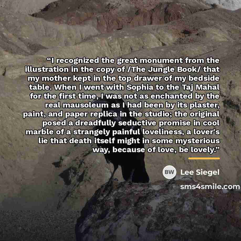 “I recognized the great monument from the illustration in the copy of /The Jungle Book/ that my mother kept in the top drawer of my bedside table. When I went with Sophia to the Taj Mahal for the first time, I was not as enchanted by the real mausoleum as I had been by its plaster, paint, and paper…” quote by Lee Siegel