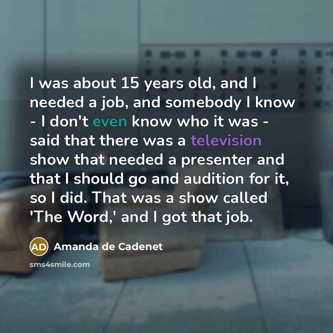 “I was about 15 years old, and I needed a job, and somebody I know - I don't even know who it was - said that there was a television show that needed a presenter and that I should go and audition for it, so I did. That was a show called 'The Word,' and I got that job.” quote by Amanda de Cadenet