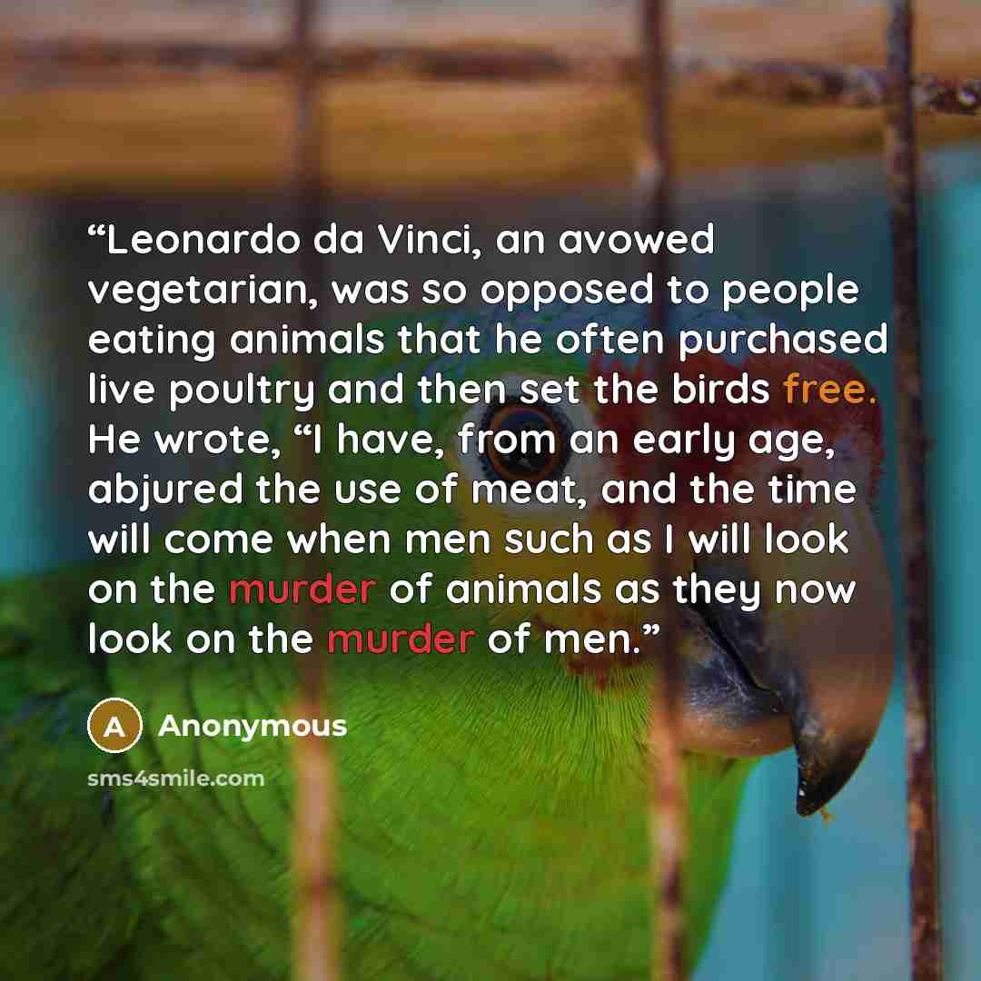 “Leonardo da Vinci, an avowed vegetarian, was so opposed to people eating animals that he often purchased live poultry and then set the birds free. He wrote, “I have, from an early age, abjured the use of meat, and the time will come when men such as I will look on the murder of animals as they now…” quote by Anonymous
