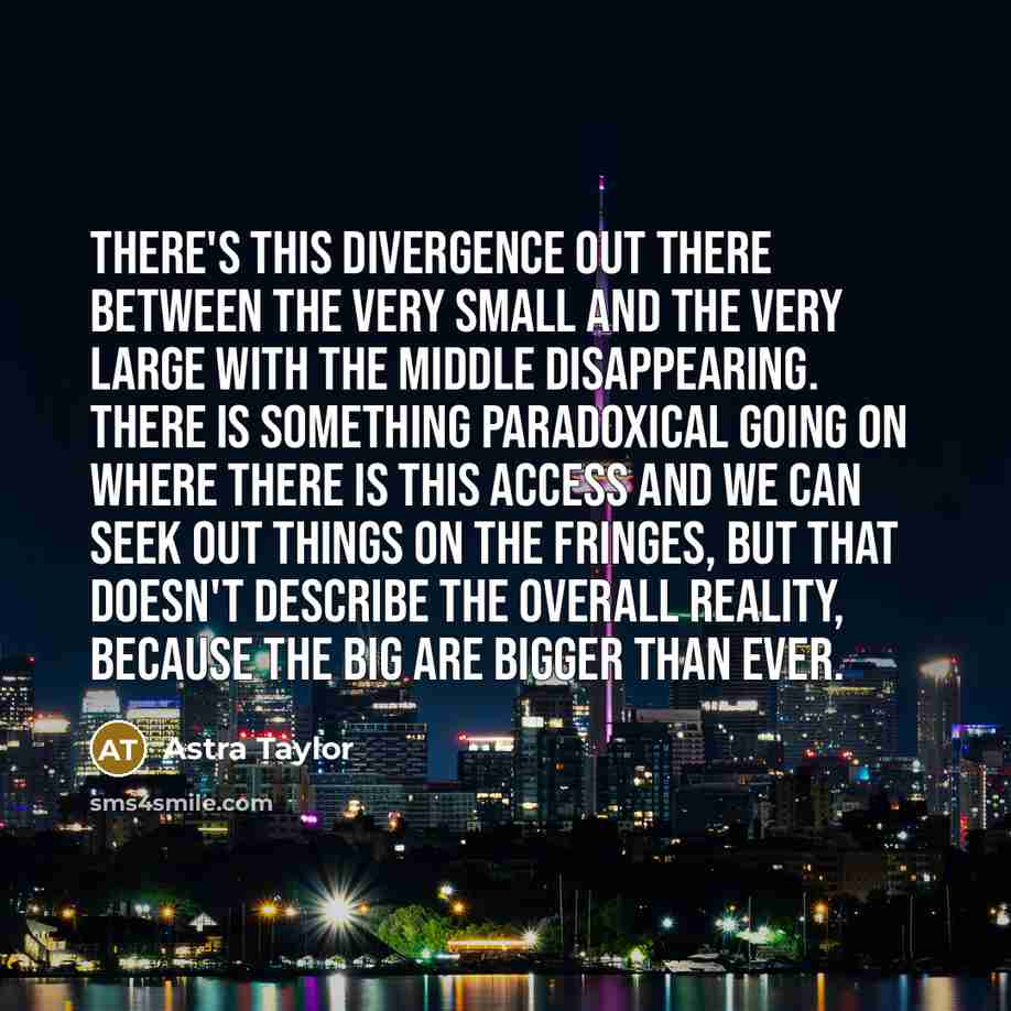 “There's this divergence out there between the very small and the very large with the middle disappearing. There is something paradoxical going on where there is this access and we can seek out things on the fringes, but that doesn't describe the overall reality, because the big are bigger than ever.” quote by Astra Taylor
