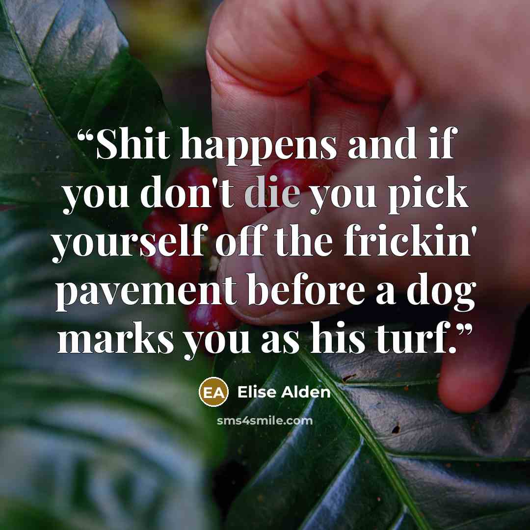 “Shit happens and if you don't die you pick yourself off the frickin' pavement before a dog marks you as his turf.” quote by Elise Alden
