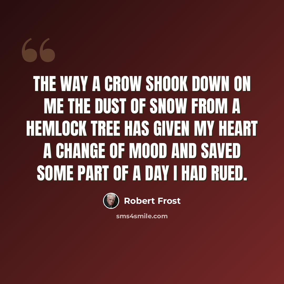 “The way a crow Shook down on me The dust of snow From a hemlock tree Has given my heart A change of mood And saved some part Of a day I had rued.” quote by Robert Frost