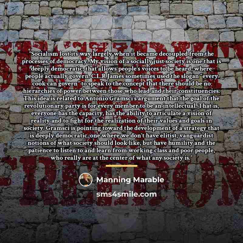 “Socialism lost its way largely when it became decoupled from the processes of democracy. My vision of a socially just society is one that is deeply democratic, that allows people’s voices to be heard, where people actually govern. C.L.R James sometimes used the slogan “every cook can govern” to…” quote by Manning Marable