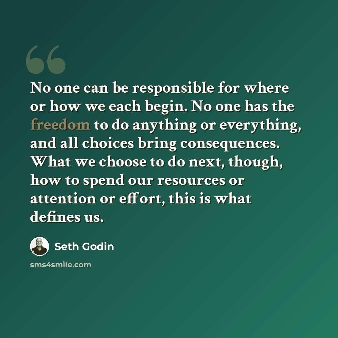 “No one can be responsible for where or how we each begin. No one has the freedom to do anything or everything, and all choices bring consequences. What we choose to do next, though, how to spend our resources or attention or effort, this is what defines us.” quote by Seth Godin