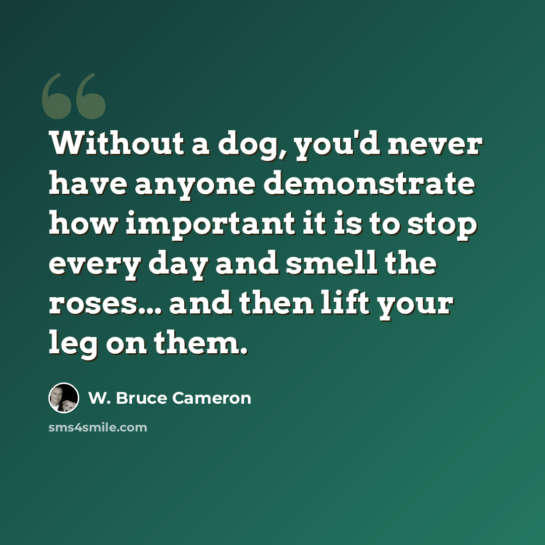 “Without a dog, you'd never have anyone demonstrate how important it is to stop every day and smell the roses... and then lift your leg on them.” quote by W. Bruce Cameron