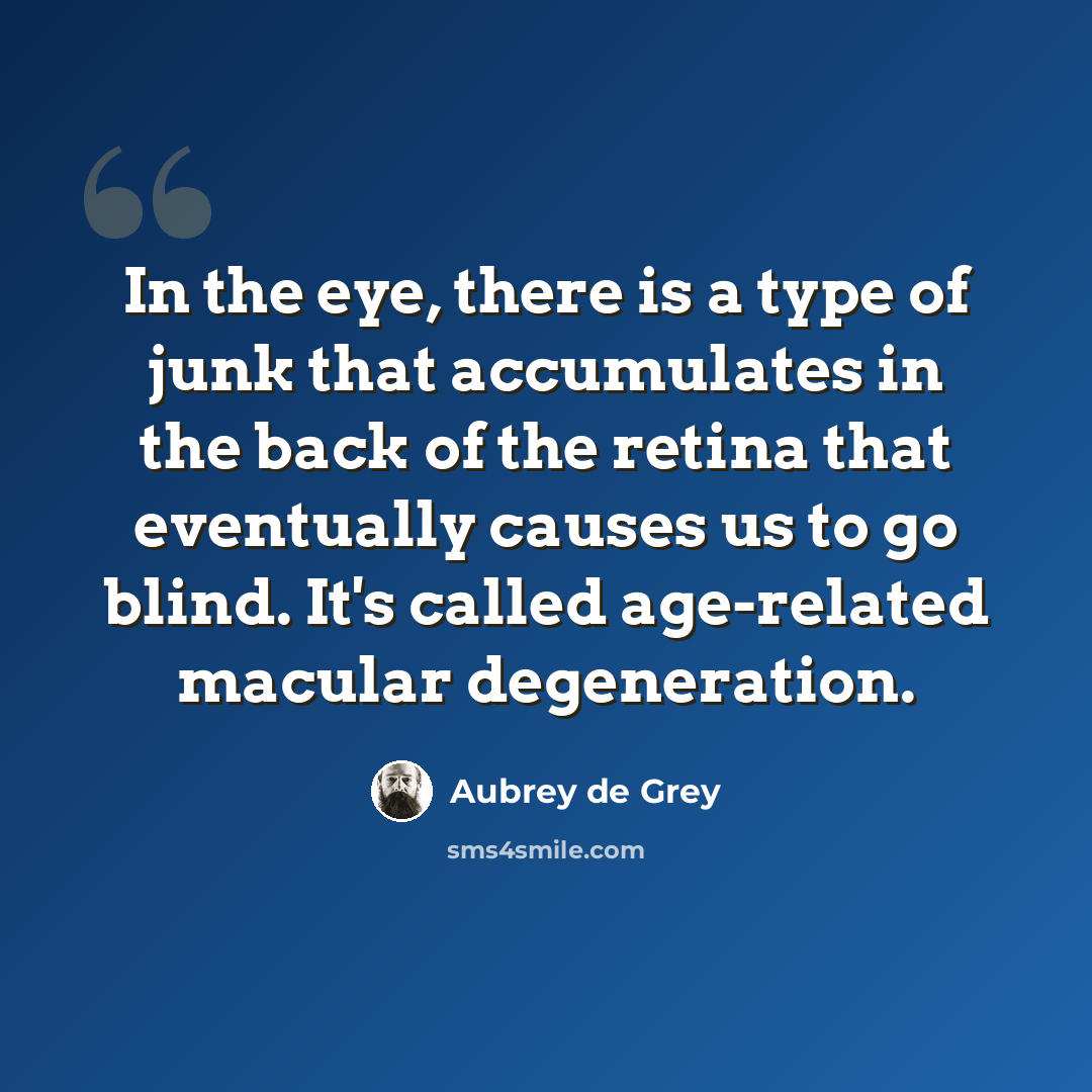 “In the eye, there is a type of junk that accumulates in the back of the retina that eventually causes us to go blind. It's called age-related macular degeneration.” quote by Aubrey de Grey
