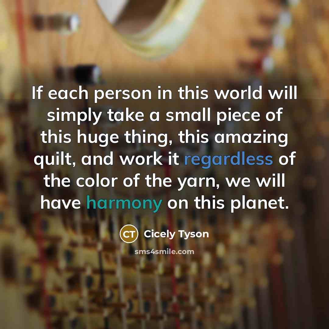 “If each person in this world will simply take a small piece of this huge thing, this amazing quilt, and work it regardless of the color of the yarn, we will have harmony on this planet.” quote by Cicely Tyson