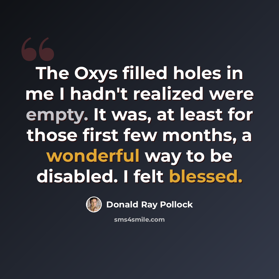 “The Oxys filled holes in me I hadn't realized were empty. It was, at least for those first few months, a wonderful way to be disabled. I felt blessed.” quote by Donald Ray Pollock