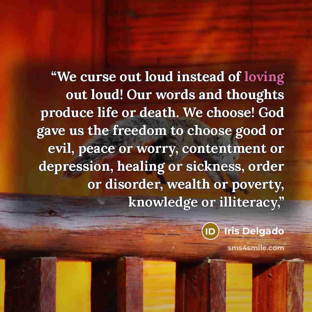 “We curse out loud instead of loving out loud! Our words and thoughts produce life or death. We choose! God gave us the freedom to choose good or evil, peace or worry, contentment or depression, healing or sickness, order or disorder, wealth or poverty, knowledge or illiteracy,” quote by Iris Delgado