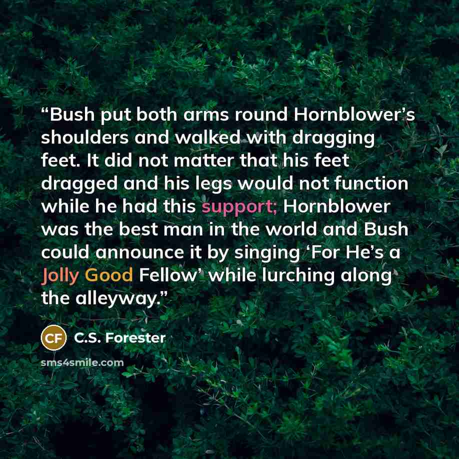 “Bush put both arms round Hornblower’s shoulders and walked with dragging feet. It did not matter that his feet dragged and his legs would not function while he had this support; Hornblower was the best man in the world and Bush could announce it by singing ‘For He’s a Jolly Good Fellow’ while…” quote by C.S. Forester