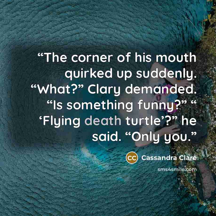 “The corner of his mouth quirked up suddenly. “What?” Clary demanded. “Is something funny?” “ ‘Flying death turtle’?” he said. “Only you.” quote by Cassandra Clare