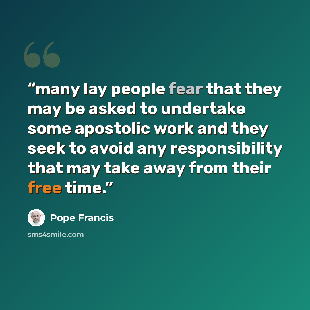 “many lay people fear that they may be asked to undertake some apostolic work and they seek to avoid any responsibility that may take away from their free time.” quote by Pope Francis