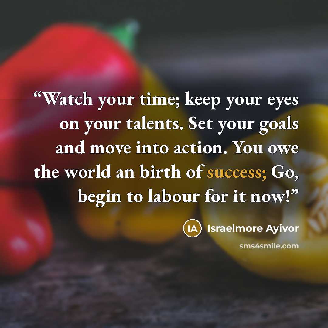 “Watch your time; keep your eyes on your talents. Set your goals and move into action. You owe the world an birth of success; Go, begin to labour for it now!” quote by Israelmore Ayivor