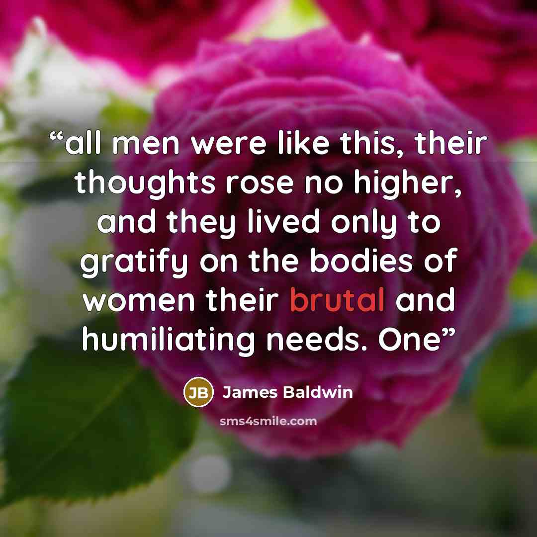 “all men were like this, their thoughts rose no higher, and they lived only to gratify on the bodies of women their brutal and humiliating needs. One” quote by James Baldwin