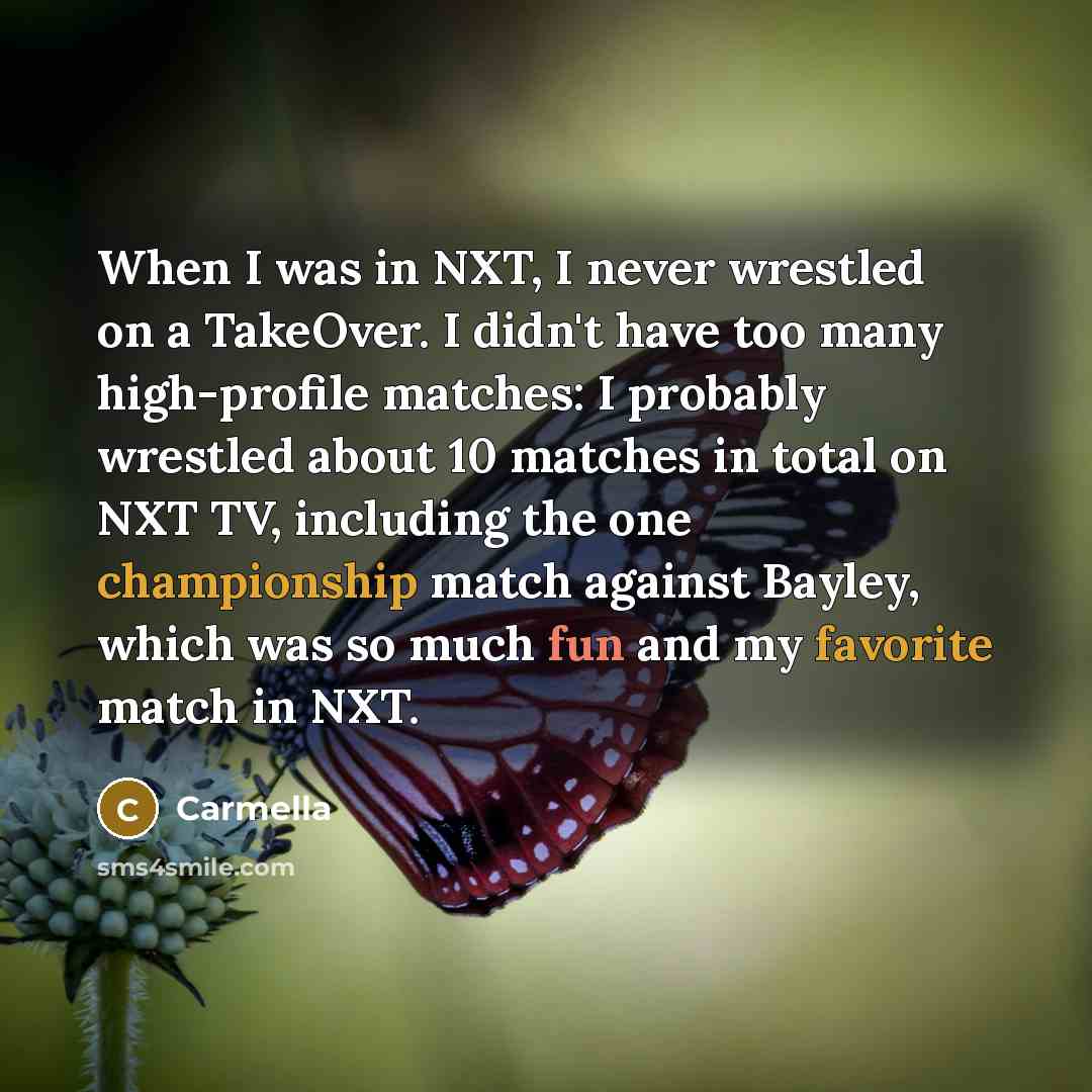 “When I was in NXT, I never wrestled on a TakeOver. I didn't have too many high-profile matches: I probably wrestled about 10 matches in total on NXT TV, including the one championship match against Bayley, which was so much fun and my favorite match in NXT.” quote by Carmella