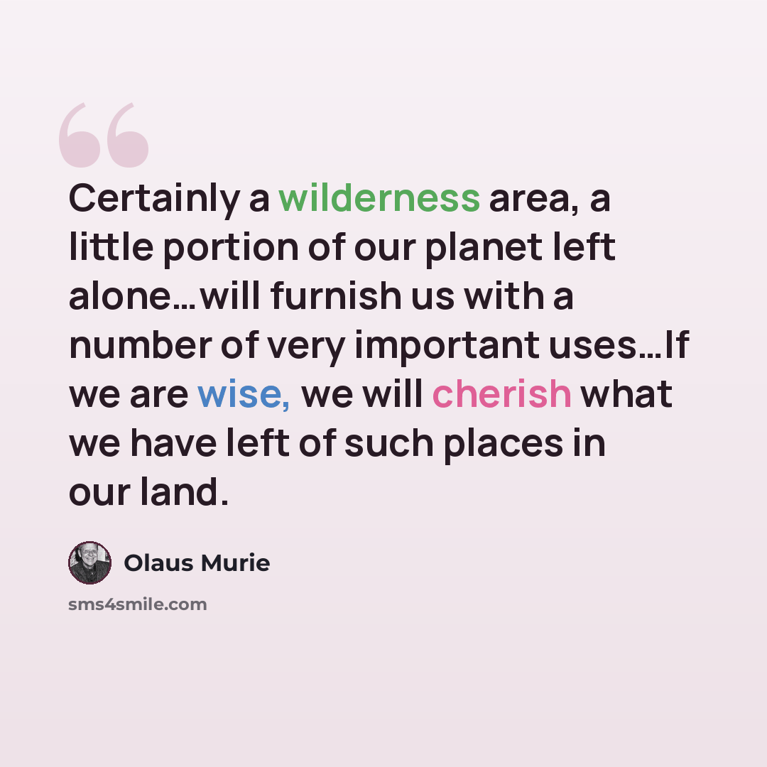 “Certainly a wilderness area, a little portion of our planet left alone…will furnish us with a number of very important uses…If we are wise, we will cherish what we have left of such places in our land.” quote by Olaus Murie