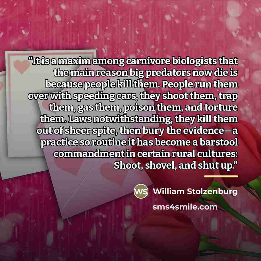 “It is a maxim among carnivore biologists that the main reason big predators now die is because people kill them. People run them over with speeding cars, they shoot them, trap them, gas them, poison them, and torture them. Laws notwithstanding, they kill them out of sheer spite, then bury the…” quote by William Stolzenburg