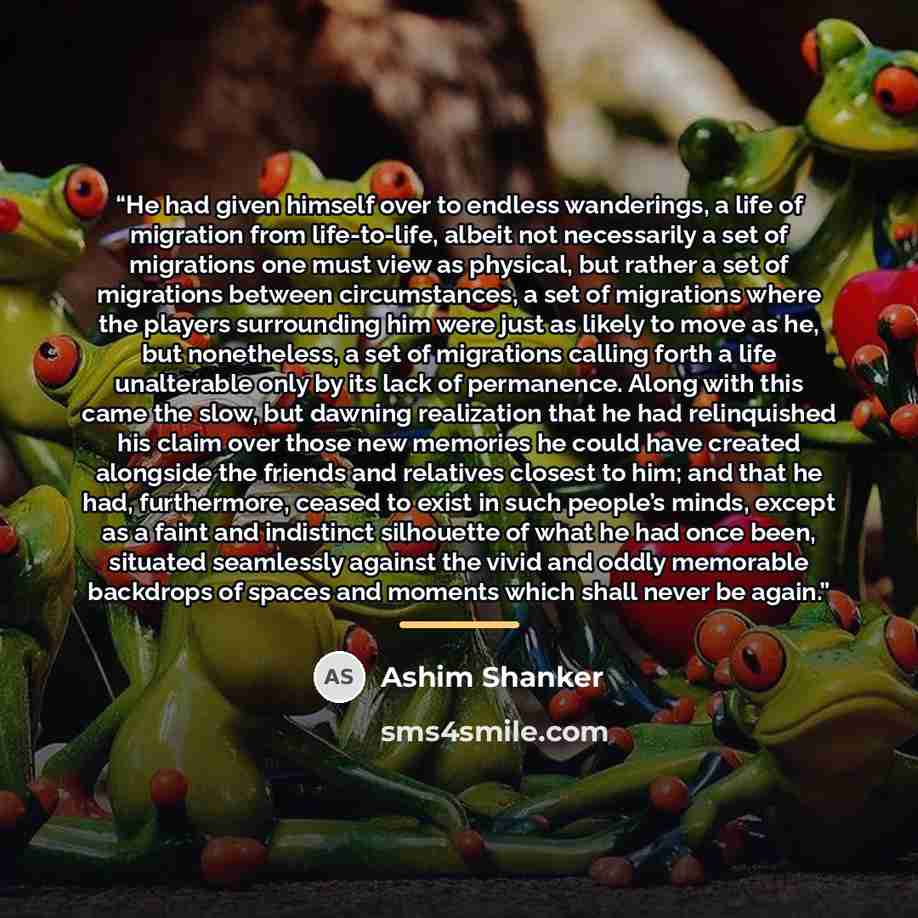 “He had given himself over to endless wanderings, a life of migration from life-to-life, albeit not necessarily a set of migrations one must view as physical, but rather a set of migrations between circumstances, a set of migrations where the players surrounding him were just as likely to move as…” quote by Ashim Shanker