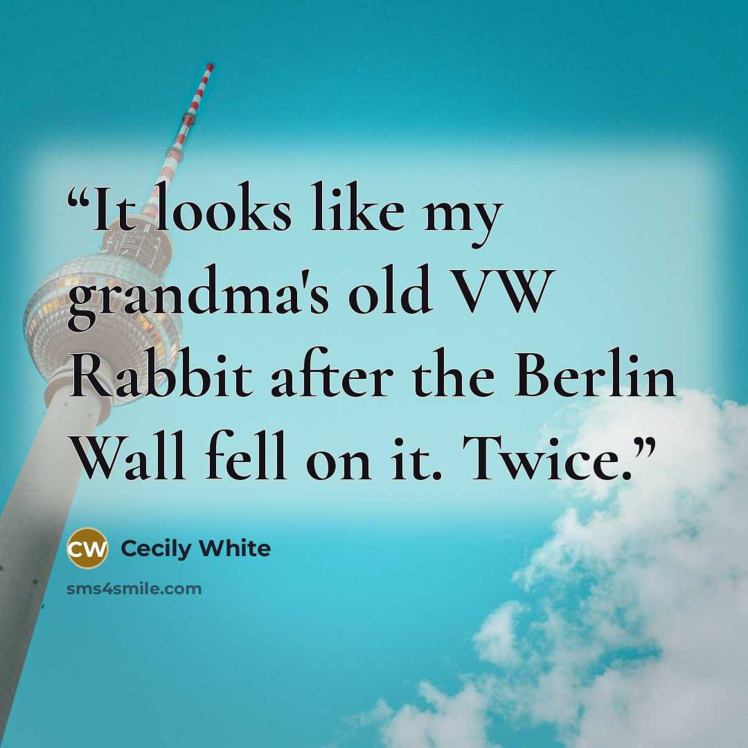 “It looks like my grandma's old VW Rabbit after the Berlin Wall fell on it. Twice.” quote by Cecily White