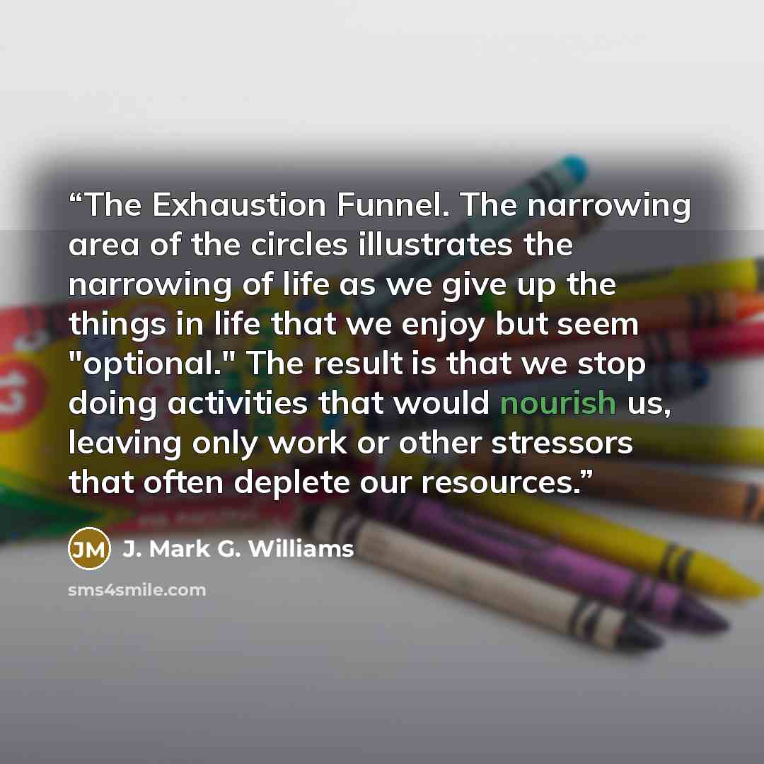 “The Exhaustion Funnel. The narrowing area of the circles illustrates the narrowing of life as we give up the things in life that we enjoy but seem "optional." The result is that we stop doing activities that would nourish us, leaving only work or other stressors that often deplete our resources.” quote by J. Mark G. Williams