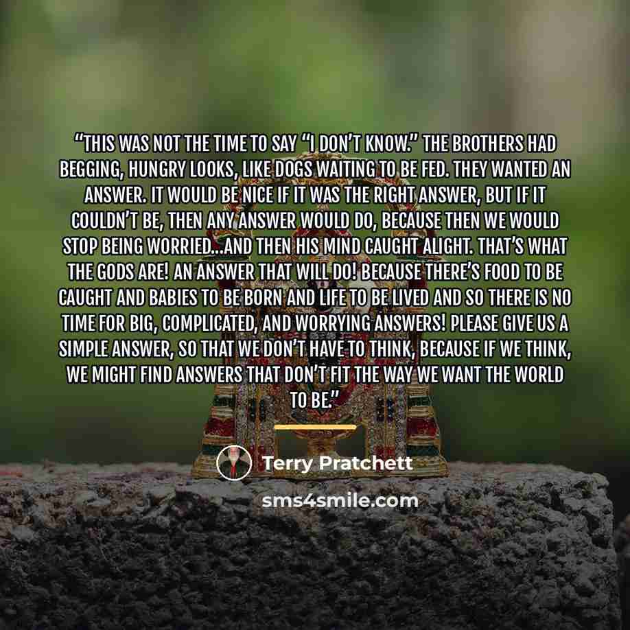“This was not the time to say “I don’t know.” The brothers had begging, hungry looks, like dogs waiting to be fed. They wanted an answer. It would be nice if it was the right answer, but if it couldn’t be, then any answer would do, because then we would stop being worried...and then his mind caught…” quote by Terry Pratchett