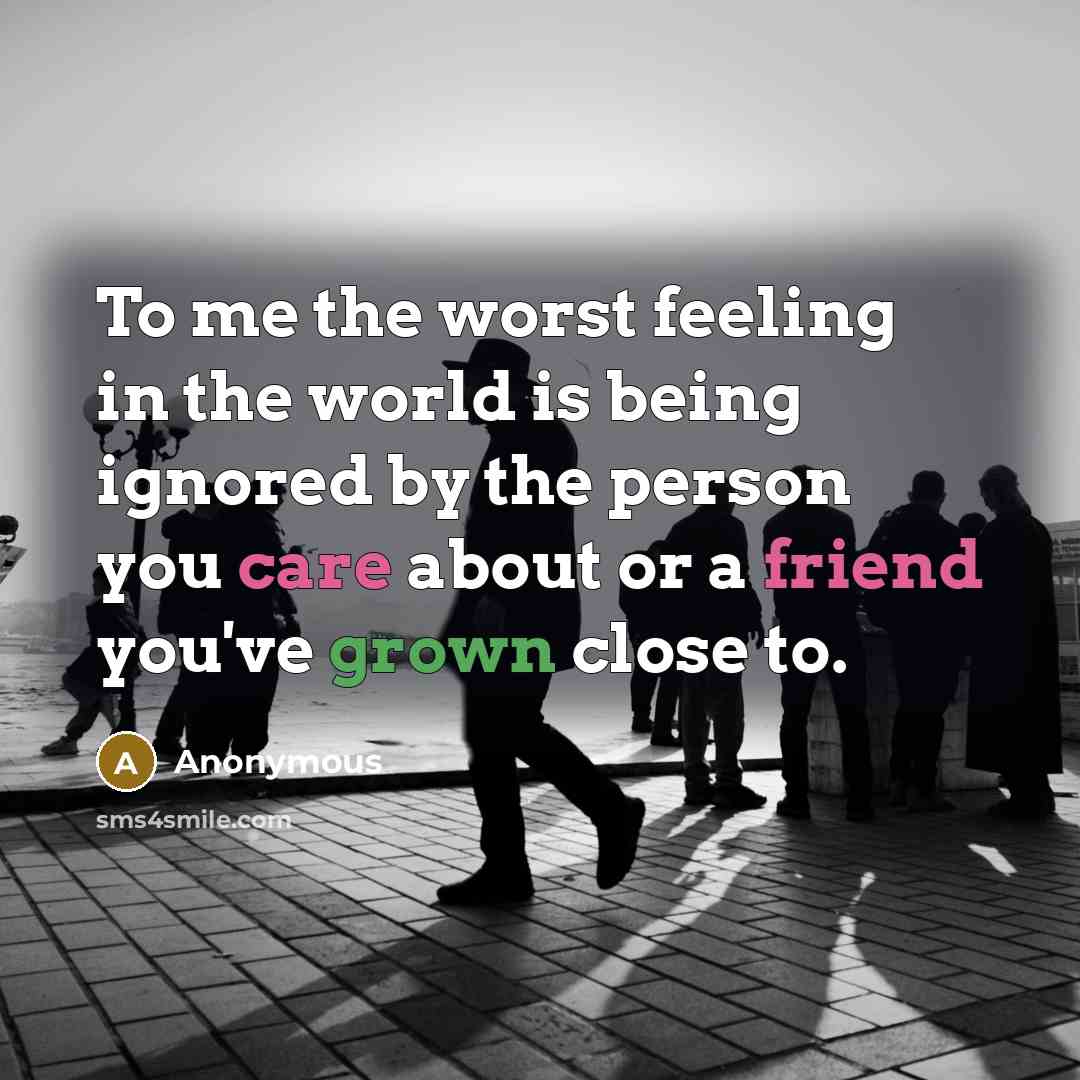 “To me the worst feeling in the world is being ignored by the person you care about or a friend you've grown close to.” quote by Anonymous