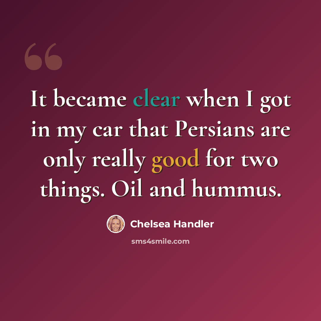 “It became clear when I got in my car that Persians are only really good for two things. Oil and hummus.” quote by Chelsea Handler