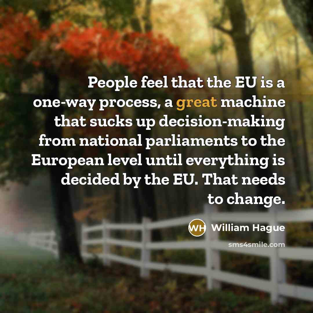 “People feel that the EU is a one-way process, a great machine that sucks up decision-making from national parliaments to the European level until everything is decided by the EU. That needs to change.” quote by William Hague