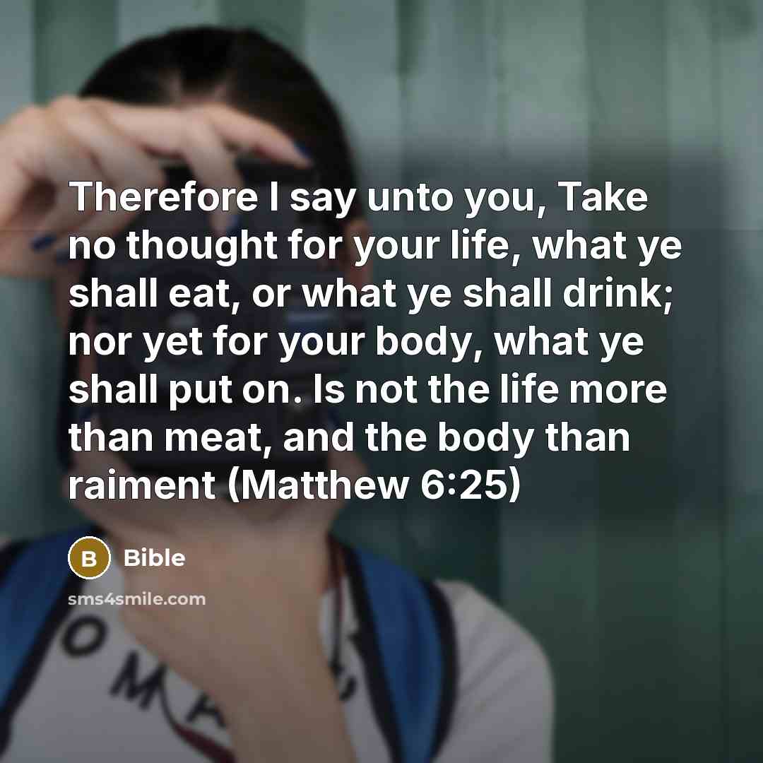 “Therefore I say unto you, Take no thought for your life, what ye shall eat, or what ye shall drink; nor yet for your body, what ye shall put on. Is not the life more than meat, and the body than raiment (Matthew 6:25)” quote by Bible