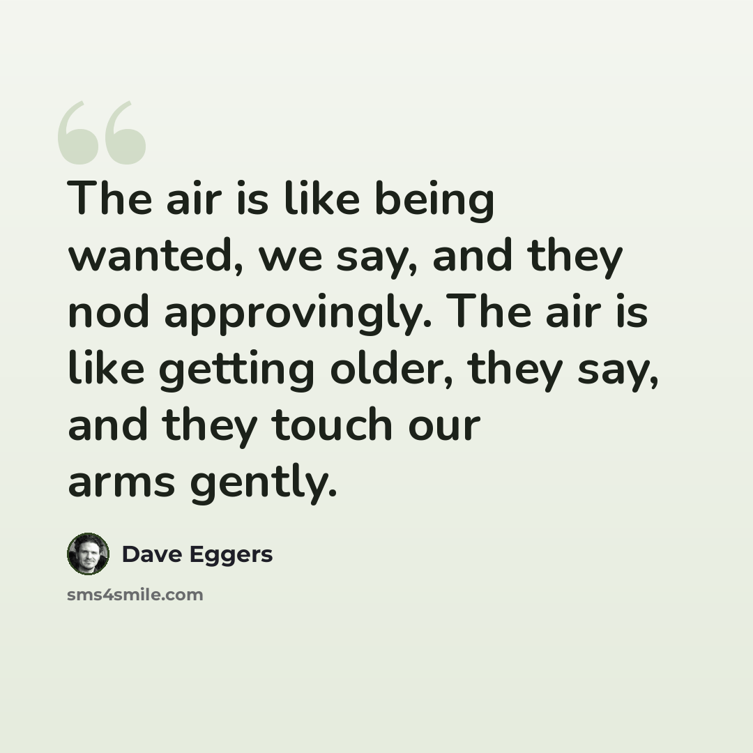 “The air is like being wanted, we say, and they nod approvingly. The air is like getting older, they say, and they touch our arms gently.” quote by Dave Eggers