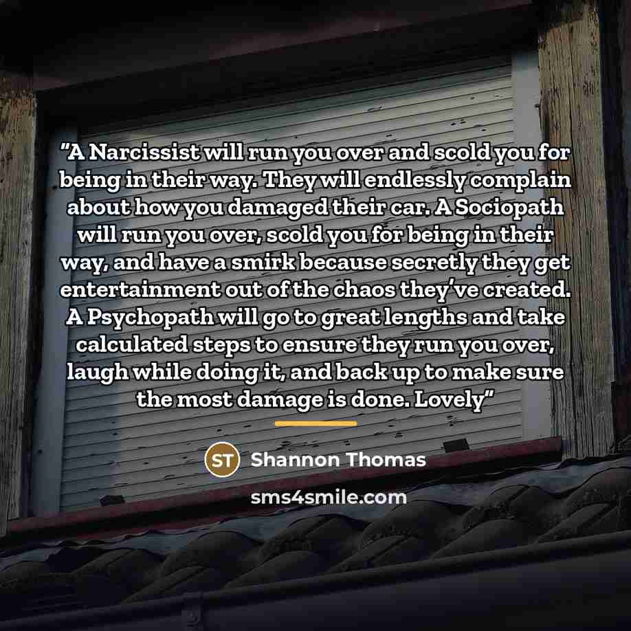 “A Narcissist will run you over and scold you for being in their way. They will endlessly complain about how you damaged their car. A Sociopath will run you over, scold you for being in their way, and have a smirk because secretly they get entertainment out of the chaos they’ve created. A…” quote by Shannon Thomas