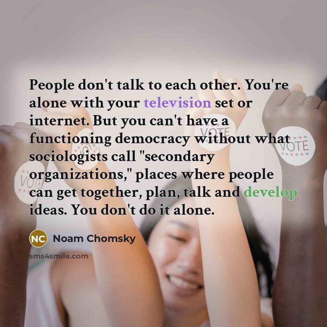 “People don't talk to each other. You're alone with your television set or internet. But you can't have a functioning democracy without what sociologists call "secondary organizations," places where people can get together, plan, talk and develop ideas. You don't do it alone.” quote by Noam Chomsky