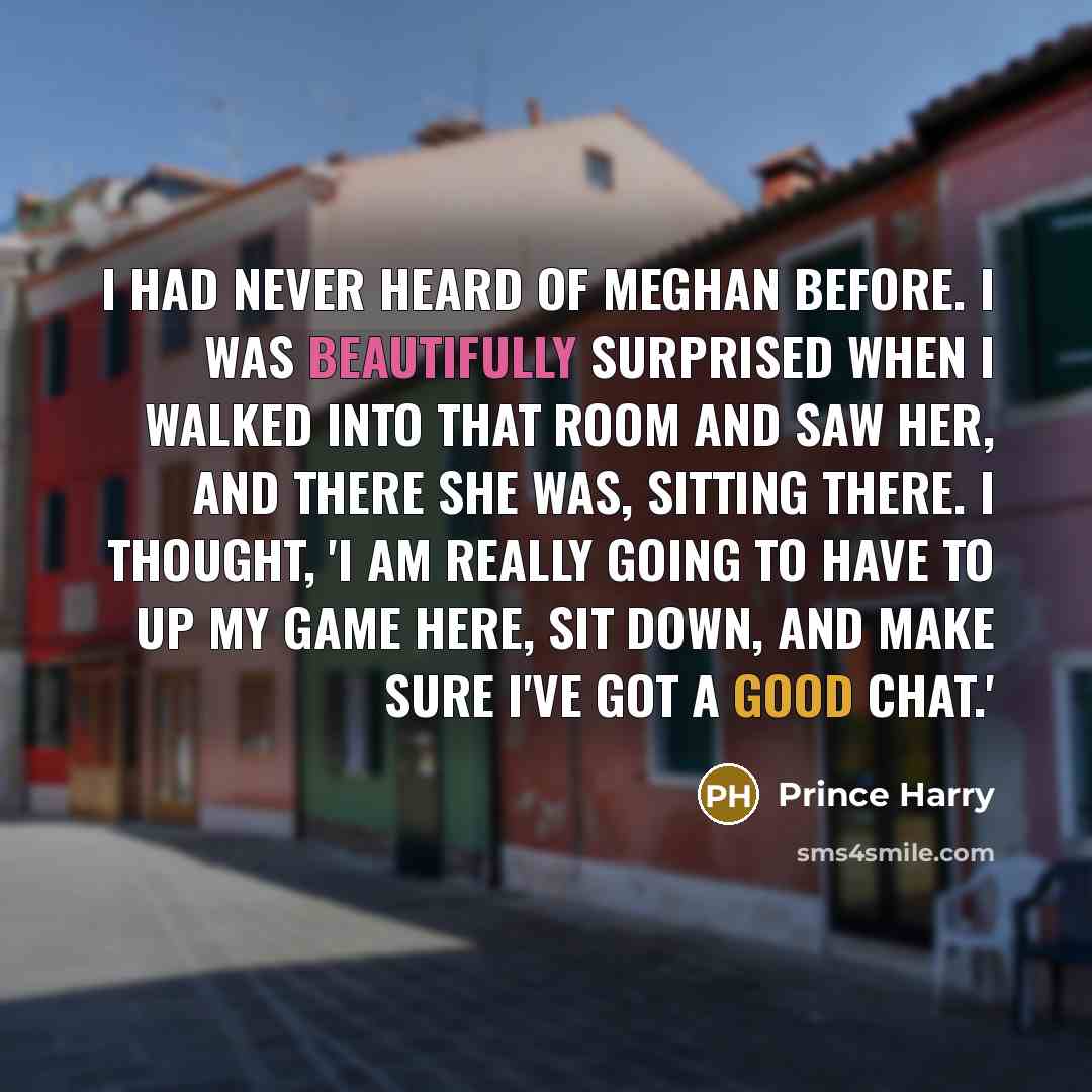“I had never heard of Meghan before. I was beautifully surprised when I walked into that room and saw her, and there she was, sitting there. I thought, 'I am really going to have to up my game here, sit down, and make sure I've got a good chat.'” quote by Prince Harry