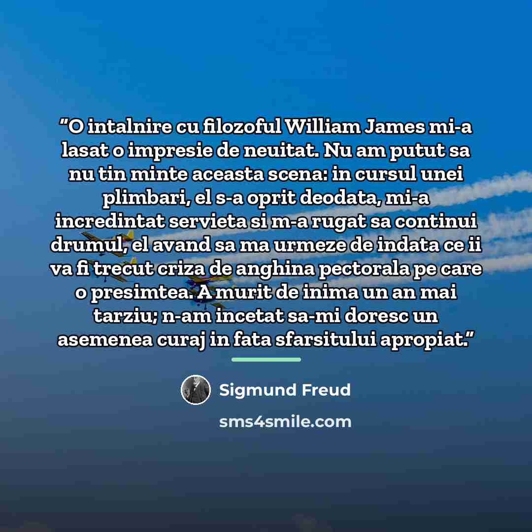 “O intalnire cu filozoful William James mi-a lasat o impresie de neuitat. Nu am putut sa nu tin minte aceasta scena: in cursul unei plimbari, el s-a oprit deodata, mi-a incredintat servieta si m-a rugat sa continui drumul, el avand sa ma urmeze de indata ce ii va fi trecut criza de anghina…” quote by Sigmund Freud