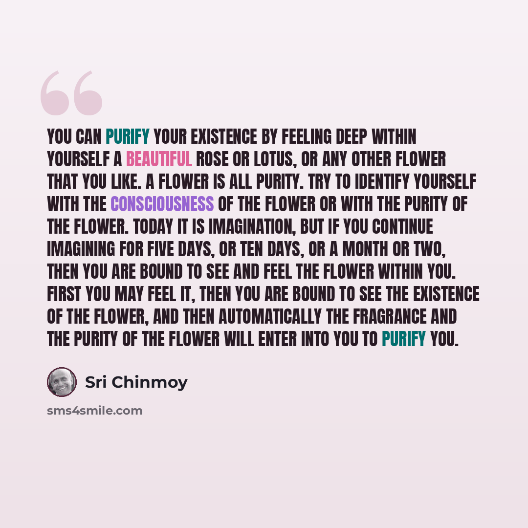 “You can purify your existence by feeling deep within yourself a beautiful rose or lotus, or any other flower that you like. A flower is all purity. Try to identify yourself with the consciousness of the flower or with the purity of the flower. Today it is imagination, but if you continue imagining…” quote by Sri Chinmoy