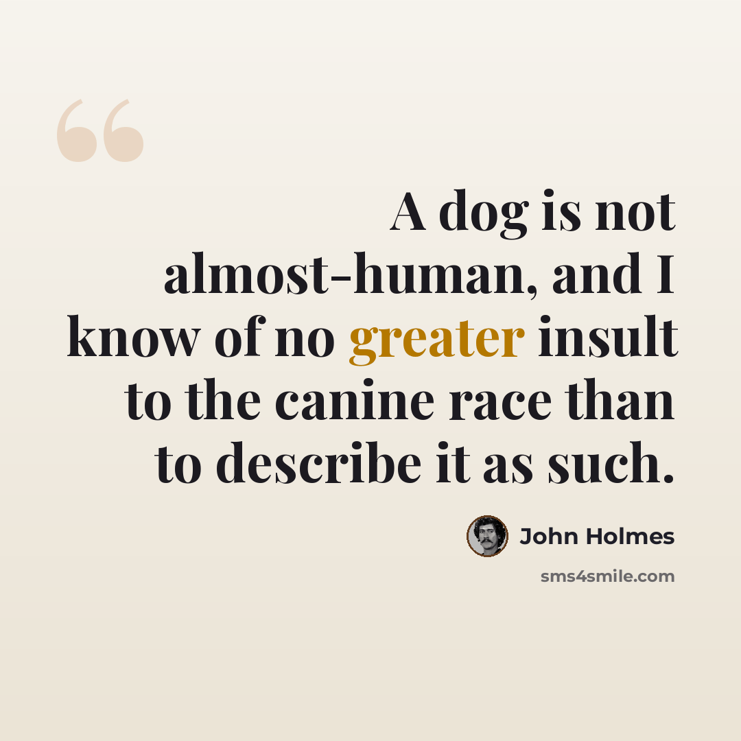 “A dog is not almost-human, and I know of no greater insult to the canine race than to describe it as such.” quote by John Holmes
