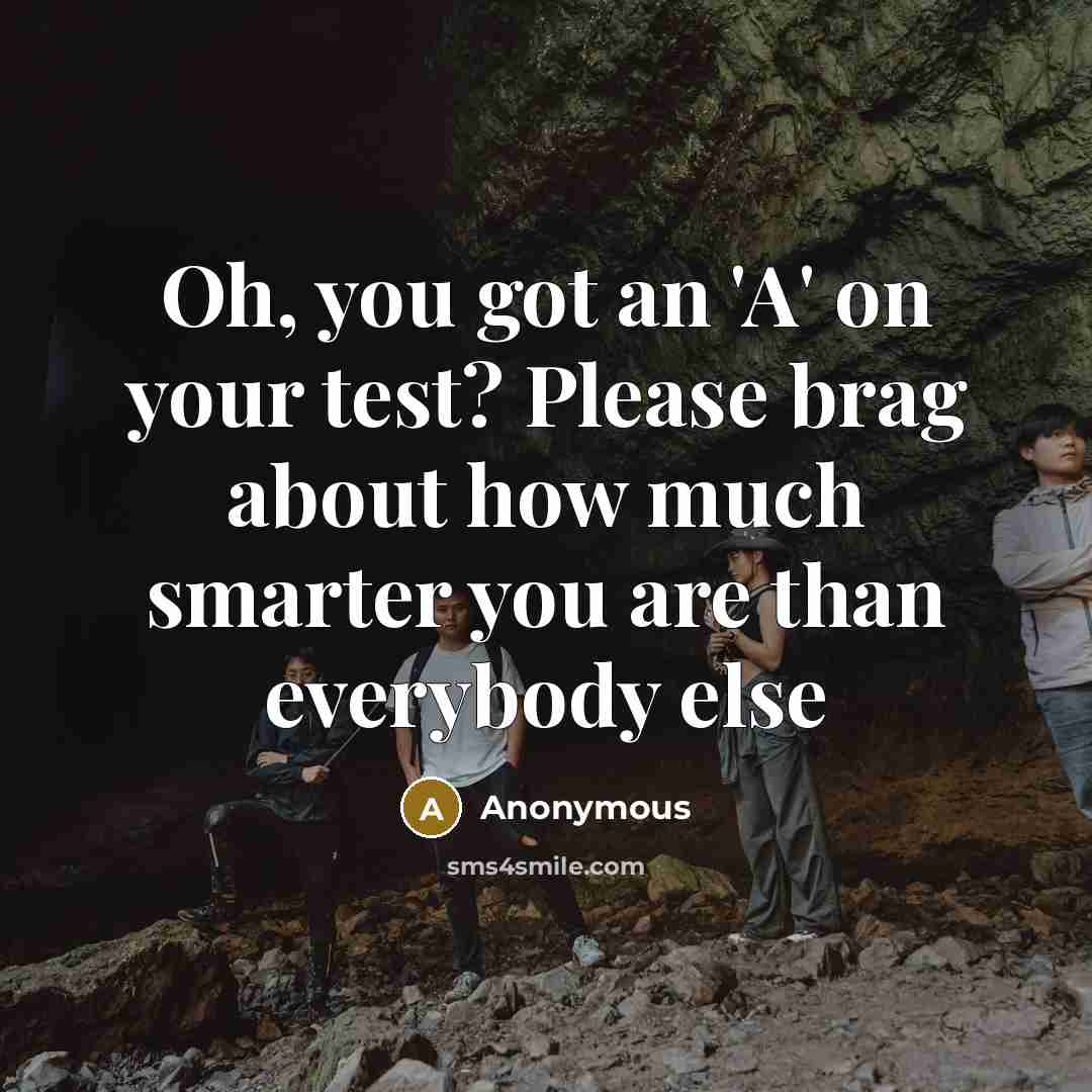 “Oh, you got an 'A' on your test? Please brag about how much smarter you are than everybody else” quote by Anonymous