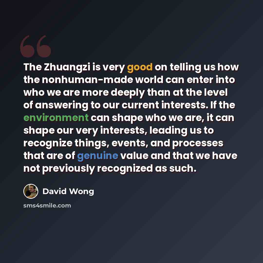 “The Zhuangzi is very good on telling us how the nonhuman-made world can enter into who we are more deeply than at the level of answering to our current interests. If the environment can shape who we are, it can shape our very interests, leading us to recognize things, events, and processes that…” quote by David Wong
