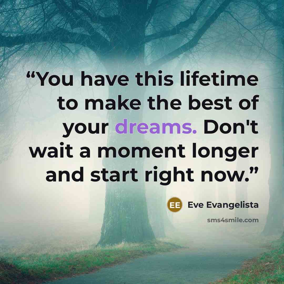 “You have this lifetime to make the best of your dreams. Don't wait a moment longer and start right now.” quote by Eve Evangelista