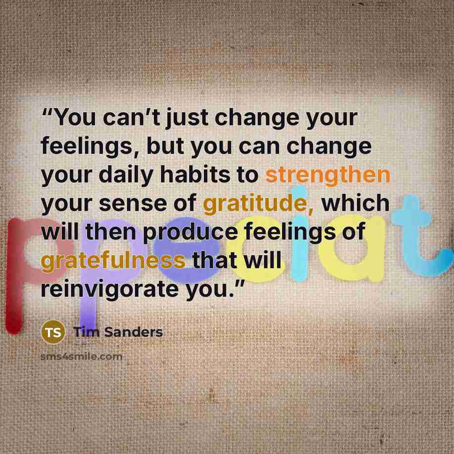“You can’t just change your feelings, but you can change your daily habits to strengthen your sense of gratitude, which will then produce feelings of gratefulness that will reinvigorate you.” quote by Tim Sanders